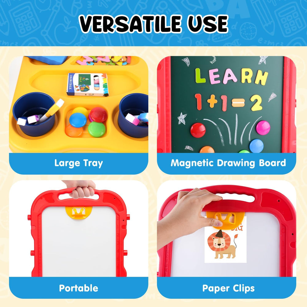 AuntyFey easel comes with chalk and marker set for versatile art.