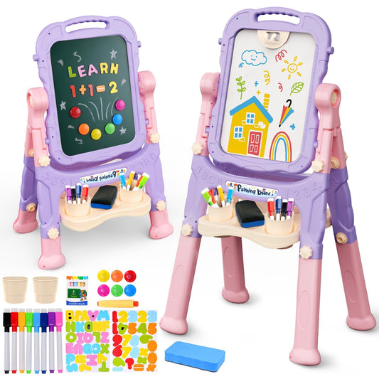 AuntyFey dual-sided easel with chalkboard and magnetic whiteboard for creative learning.