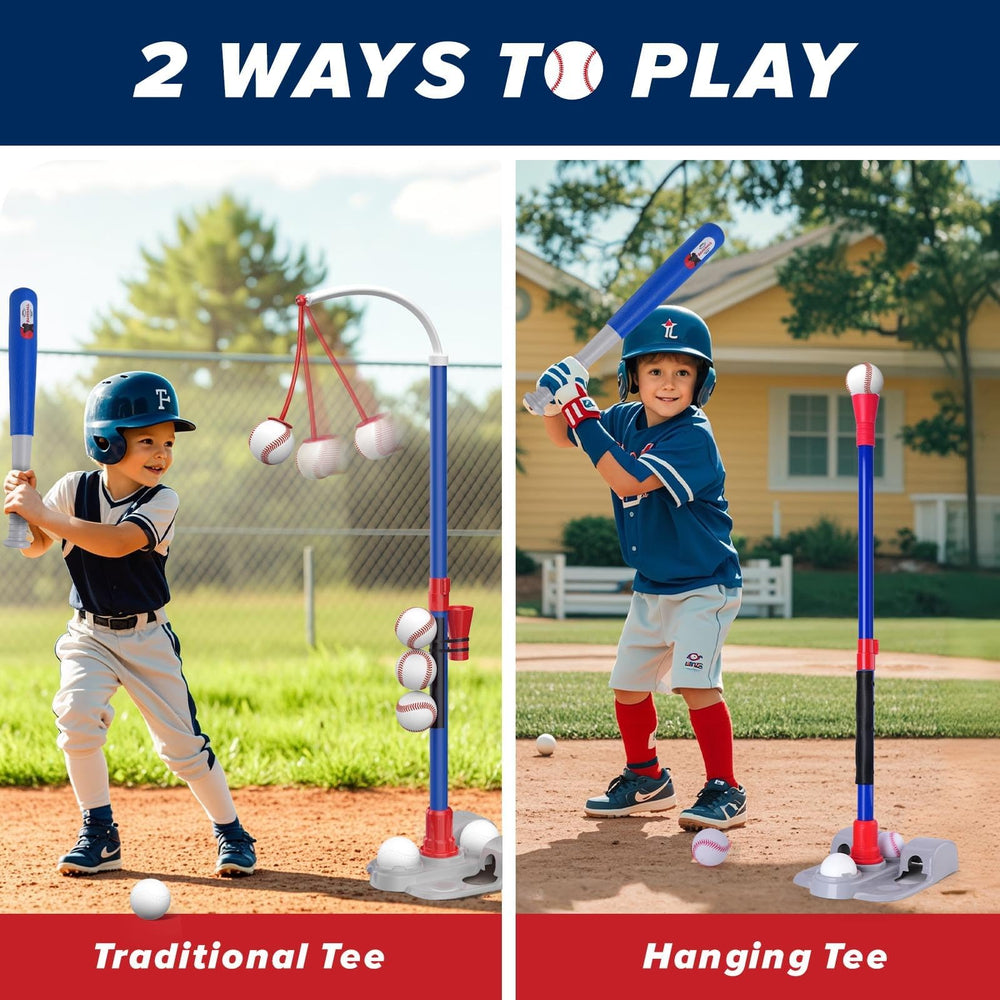AuntyFey Tball Set hanging ball stand enables steady swing practice.
