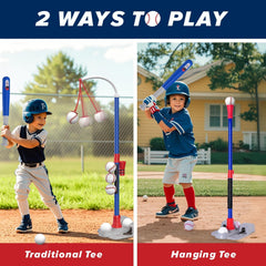 AuntyFey Tball Set hanging ball stand enables steady swing practice.