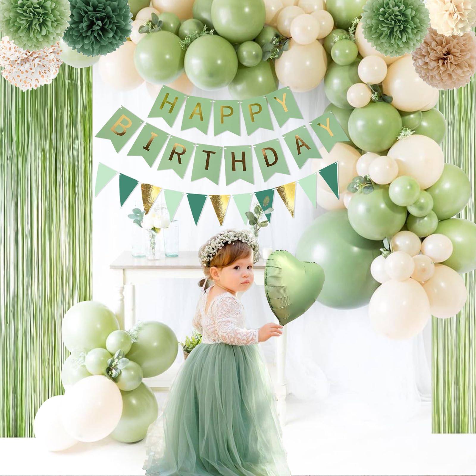 Aurasys green tassel curtain forms a stylish backdrop for photos