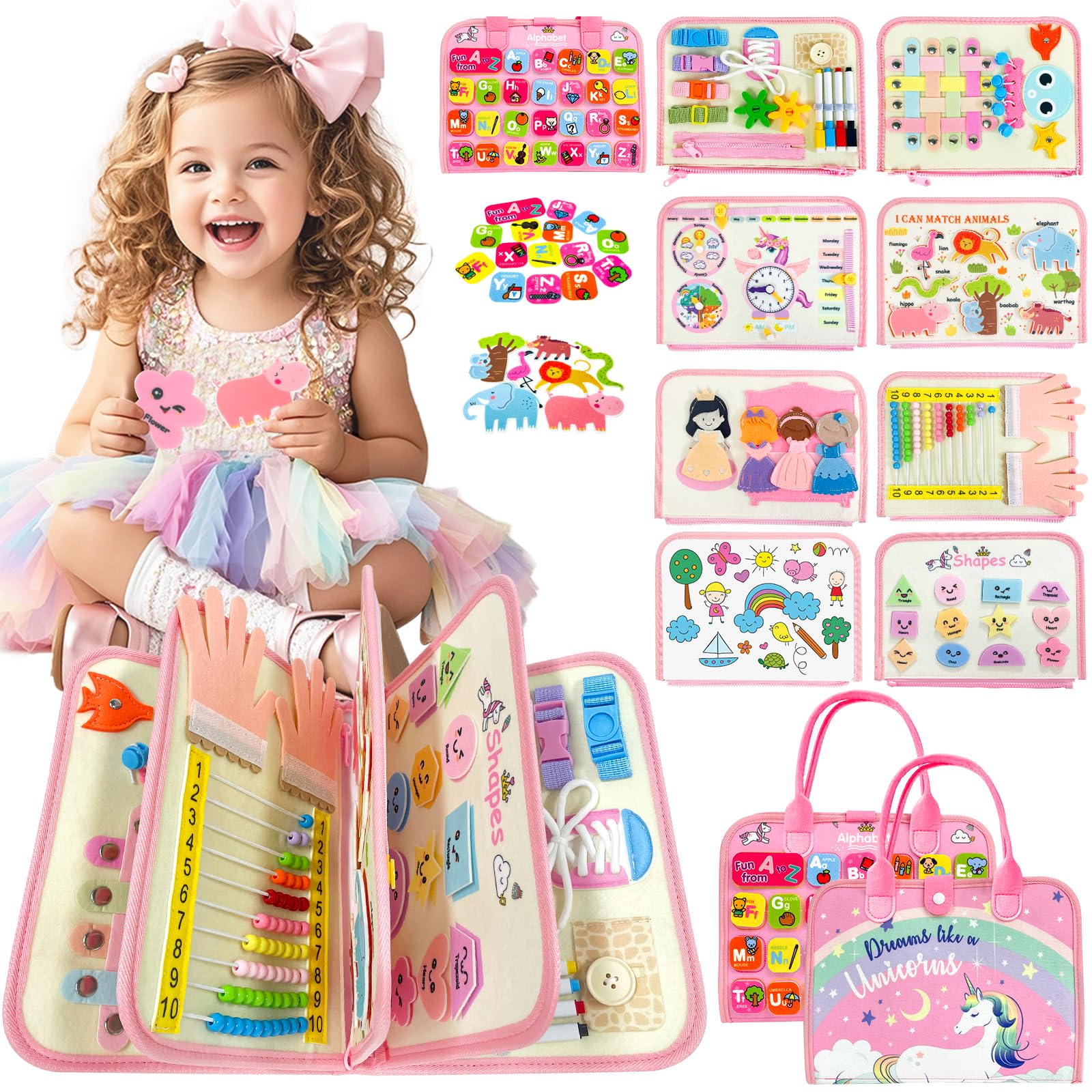 Aurasys Toddler Busy Board with 9-in-1 learning pages to boost fine motor skills.