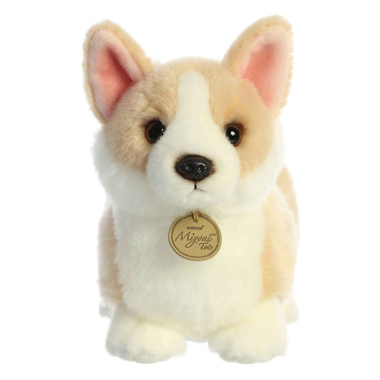 Aurora Miyoni Tots Pembroke Welsh Corgi Pup face closeup with ears up, perfect for shelf display