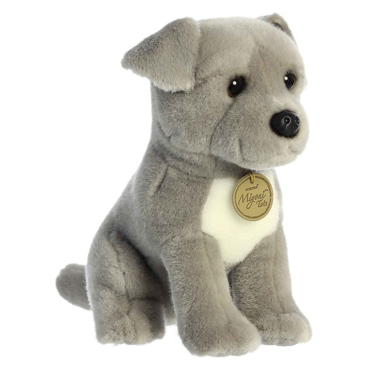 Aurora Miyoni Pit Bull Puppy Plush in gray, ideal for cuddles and decor in kids' rooms.
