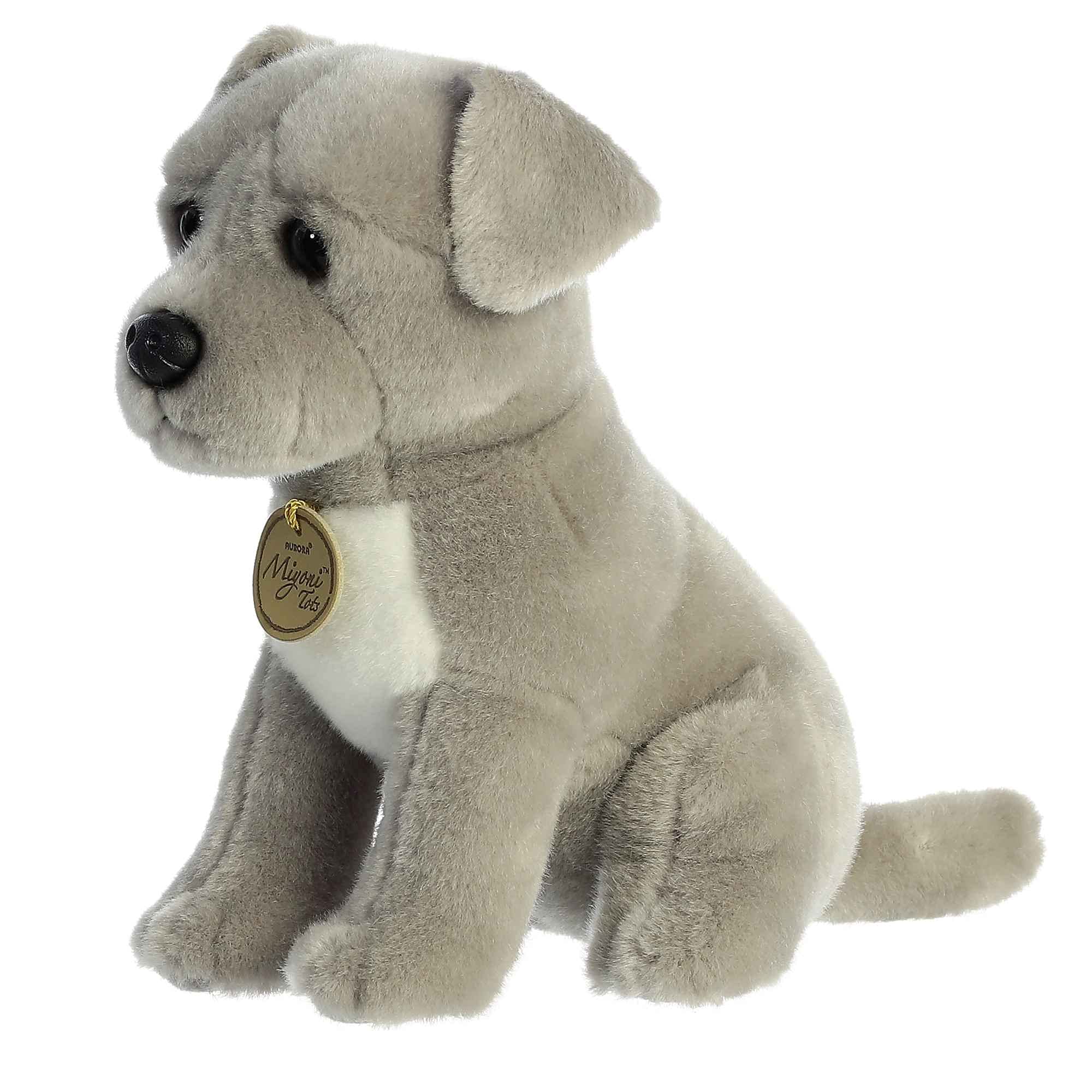 Aurora Miyoni baby Pit Bull plush contains bean pellets for a gentle, stable feel.