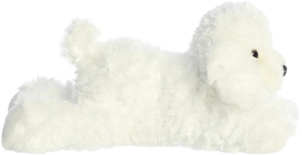 Aurora Bonita Flopsie shows a curly white coat for cozy snuggles.