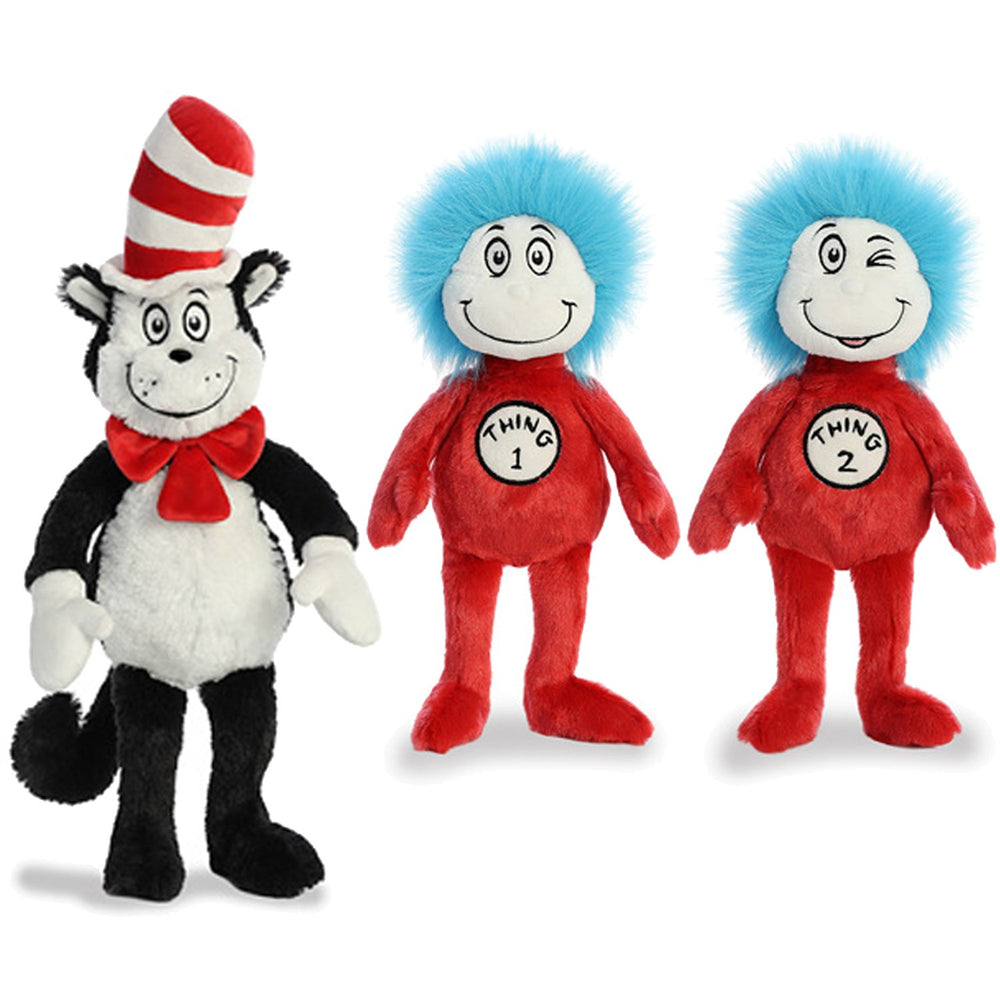 Aurora Cat in the Hat 20-inch plush with Thing 1 and Thing 2, ideal for imaginative play.
