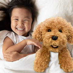 Aurora cuddly dog face plush toy, inviting expression for kids and adults