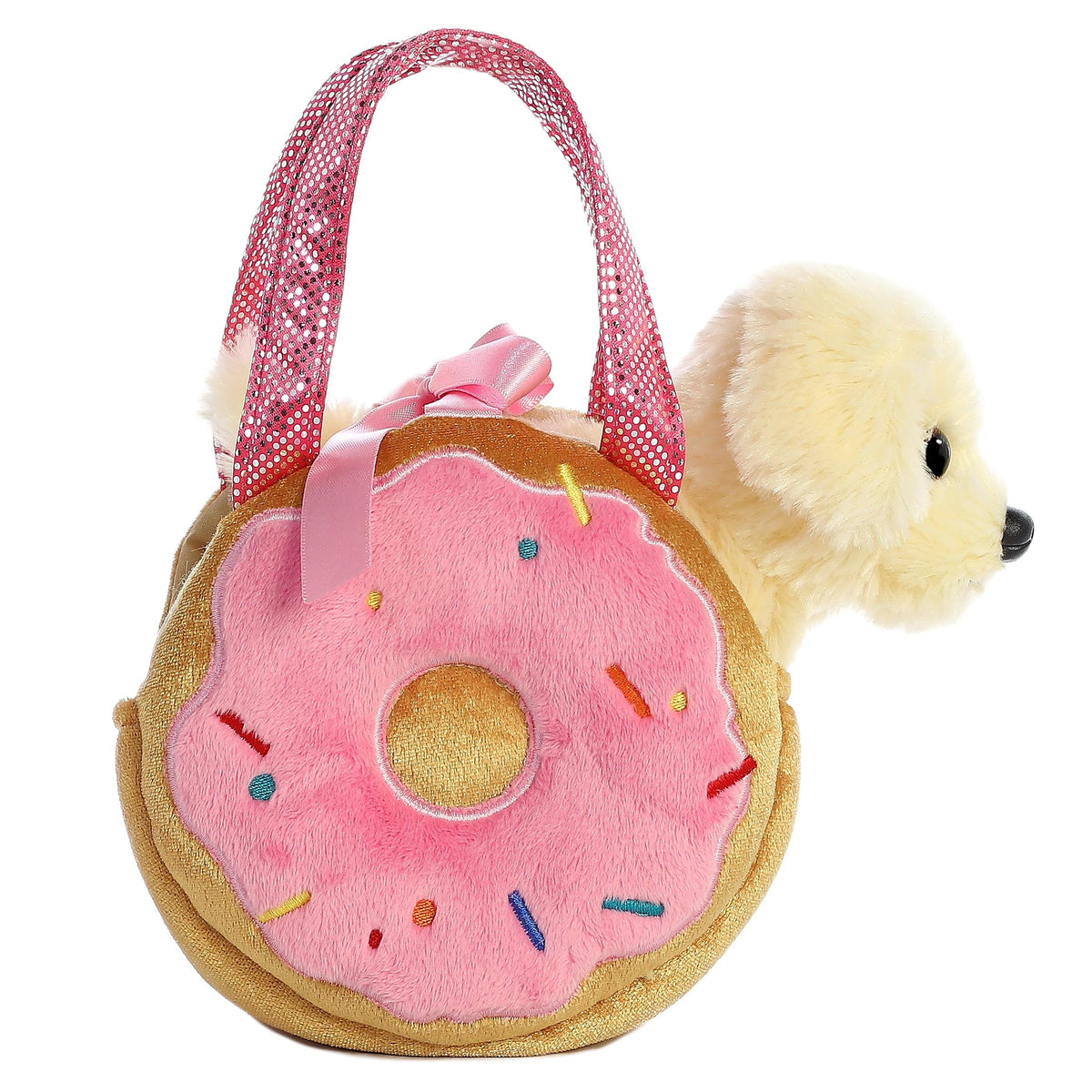 Aurora Yummy Puppy plush with stylish purse, perfect for dress-up play and imaginative adventures.