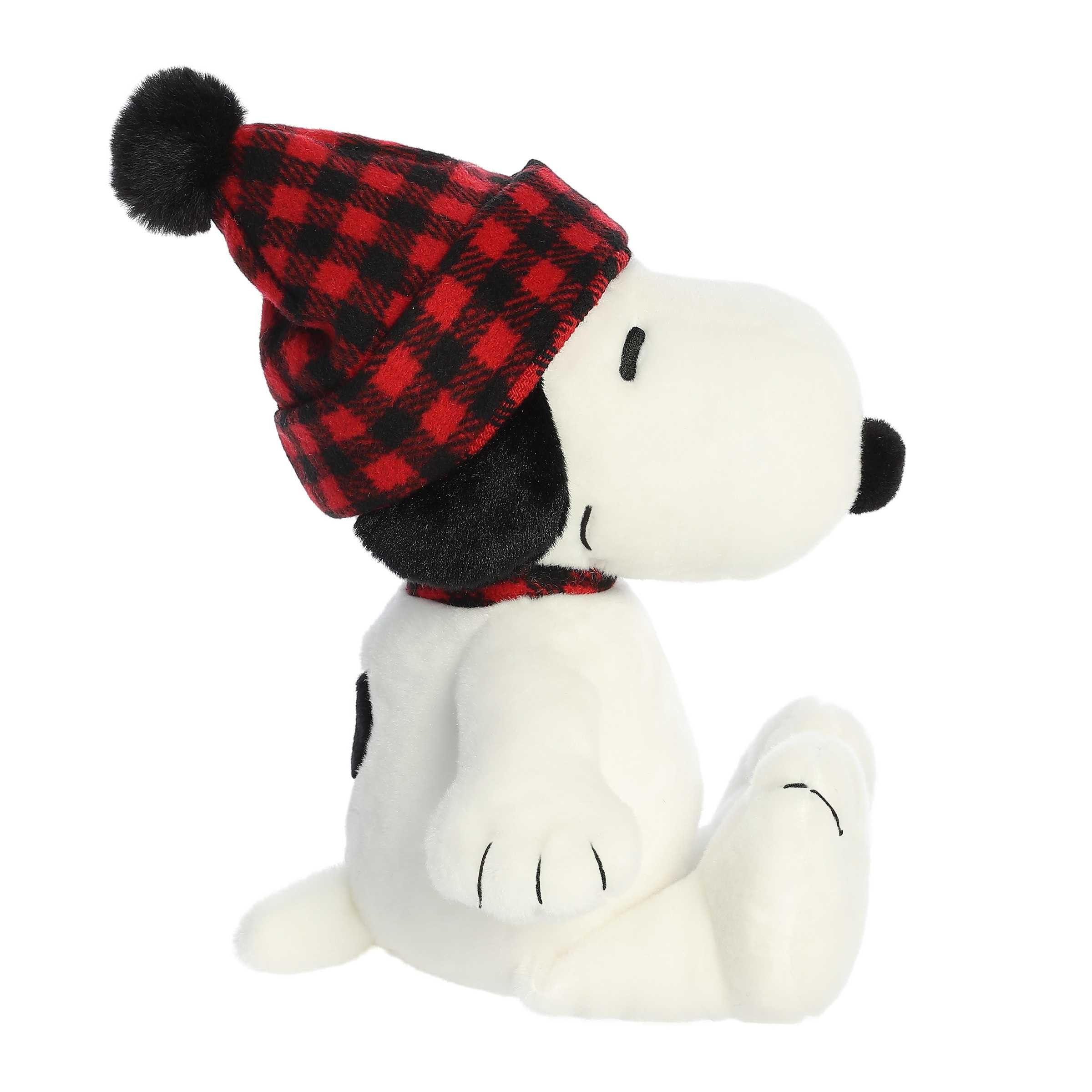 Aurora Snoopy plush fabric close-up emphasizing winter plaid for festive displays