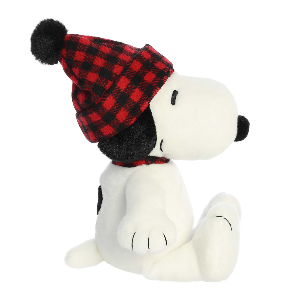 Aurora Snoopy plush fabric close-up emphasizing winter plaid for festive displays