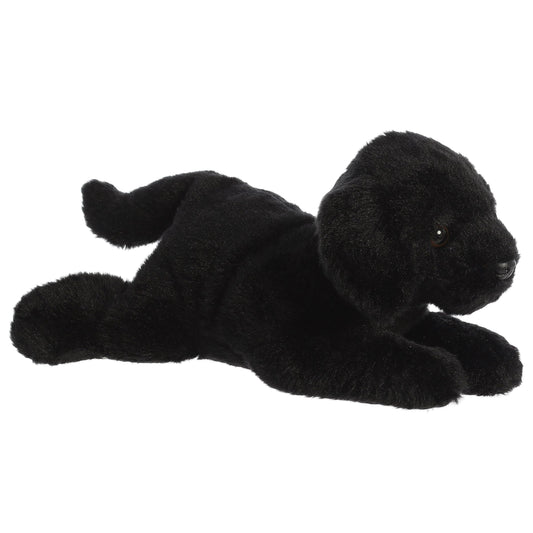 Aurora Flopsie Black Labrador plush, a 12-inch cuddly companion for imaginative play.