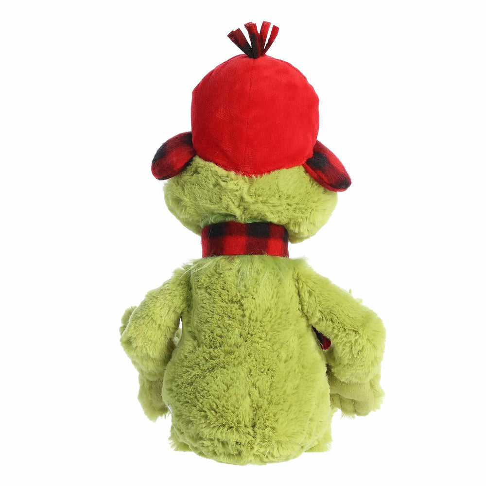 Aurora licensed Grinch plush, Dr. Seuss theme, great for collectors and cozy shelf display.