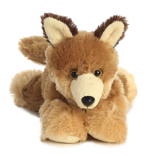 Aurora Clever Coyote plush cuddle angle highlighting plush softness and gentle hugs.
