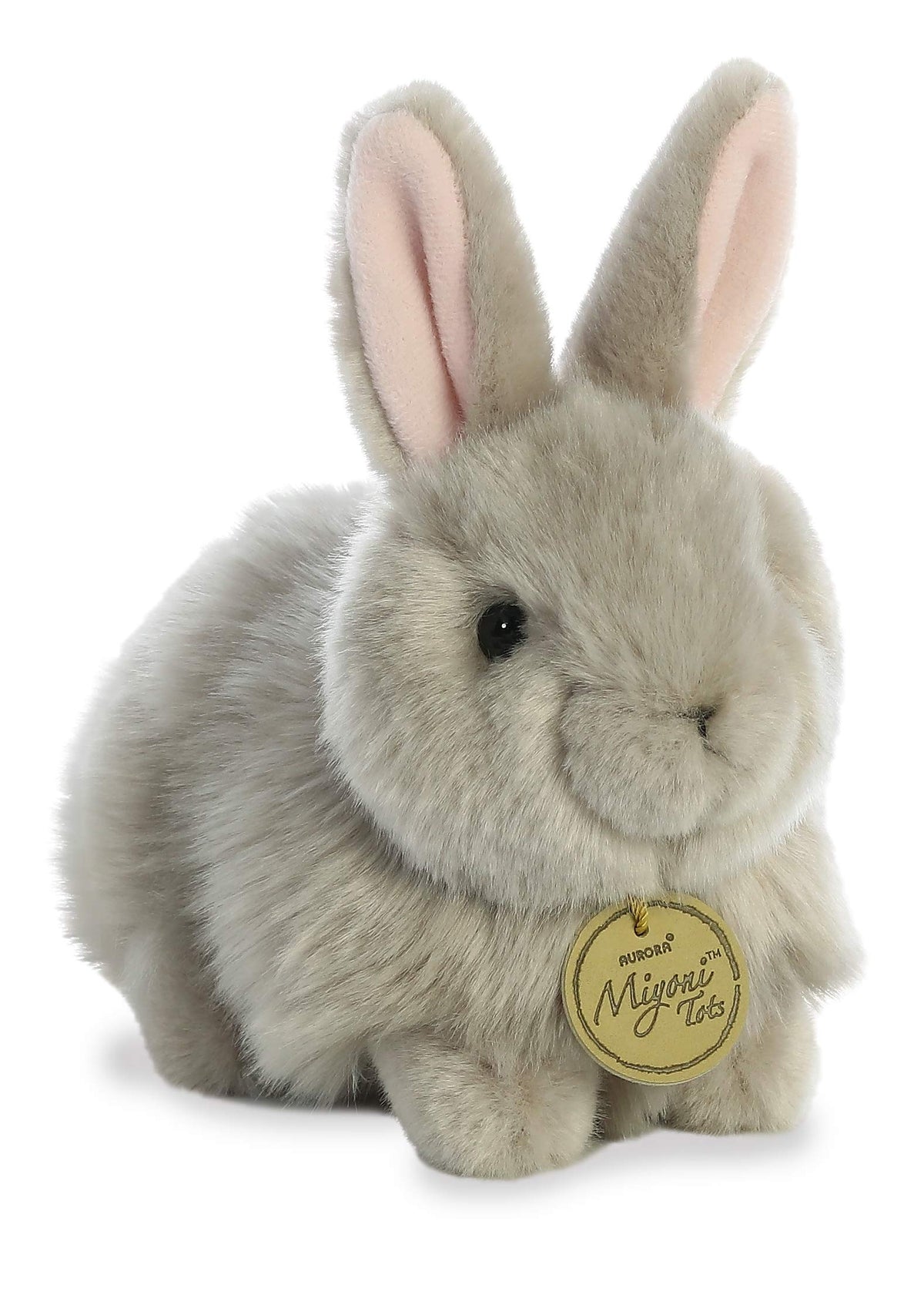Aurora Miyoni Angora Bunny Grey close-up face shows lifelike fur for cozy cuddling.