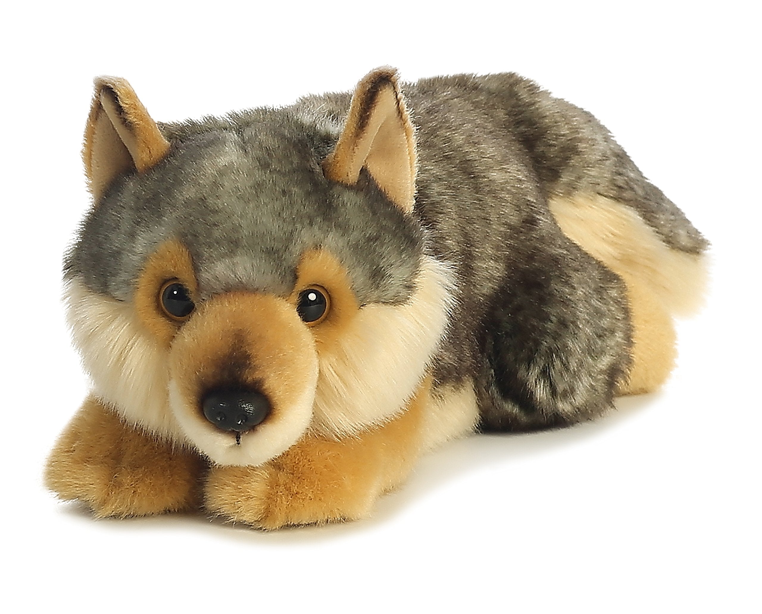 Aurora Miyoni lying wolf front view, cozy decor and comforting presence.