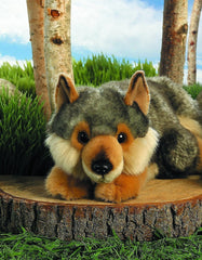 Aurora Miyoni lying wolf fur texture detail, rich contrast for display.