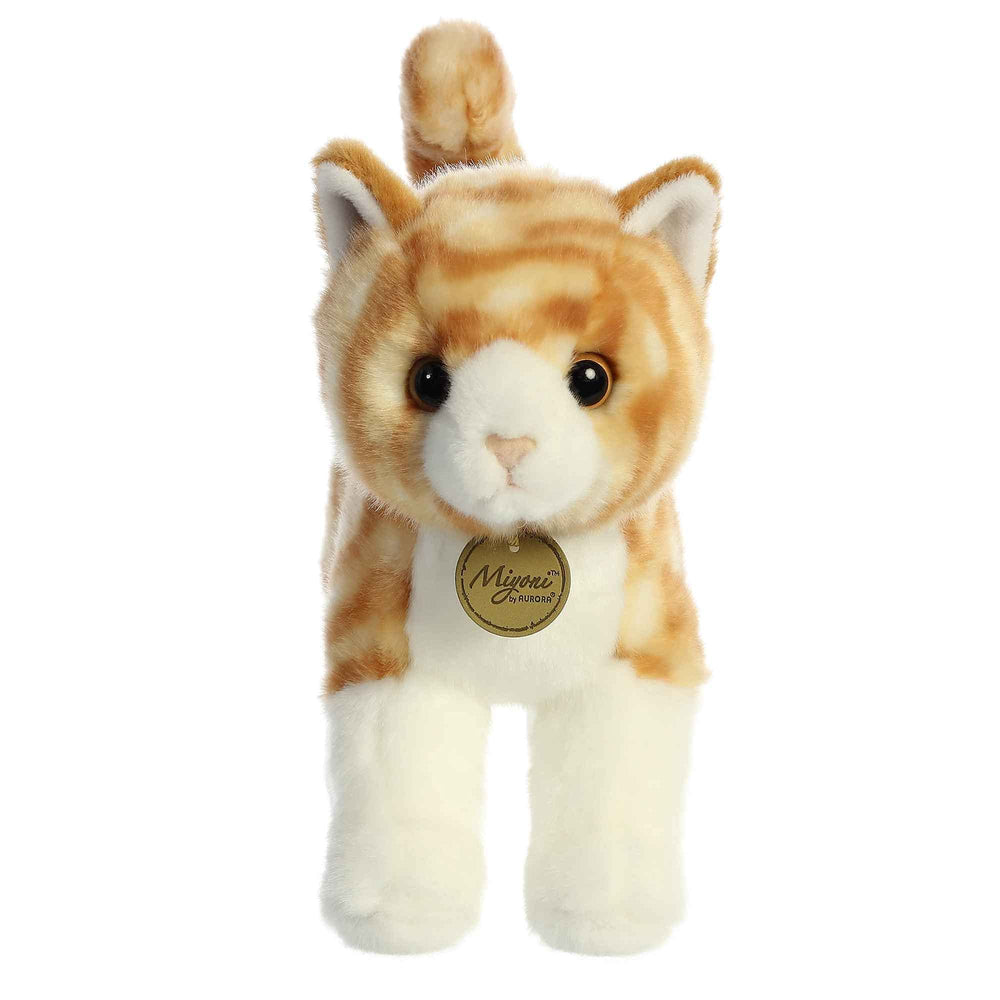 Aurora Miyoni orange tabby plush side view, ideal for shelves.