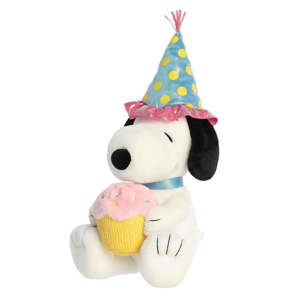 Aurora Snoopy plush cuddle angle emphasizing softness and play