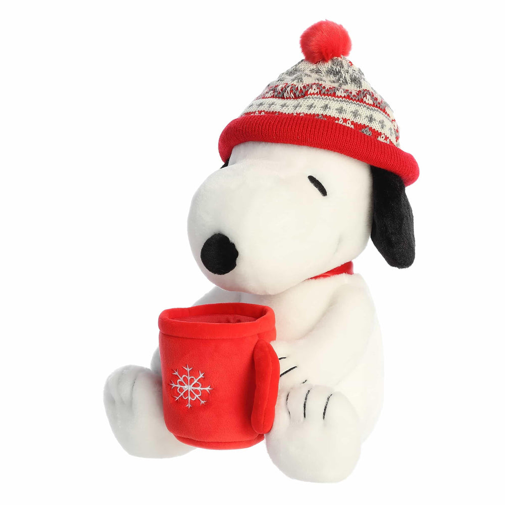Aurora Peanuts collectible plush with mug, perfect for shelf display and festive decorations.