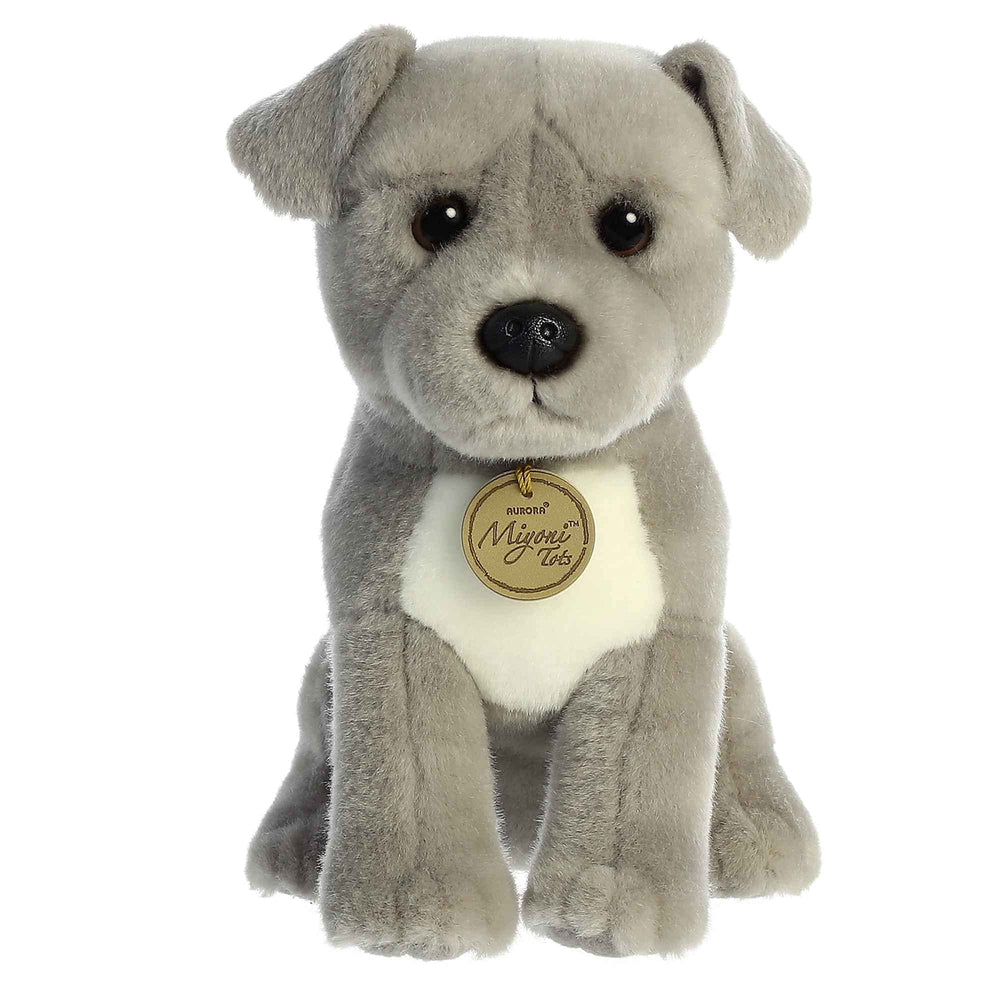 Aurora Miyoni Pit Bull Puppy Plush sits upright, great as a decorative desk buddy or bedtime companion.