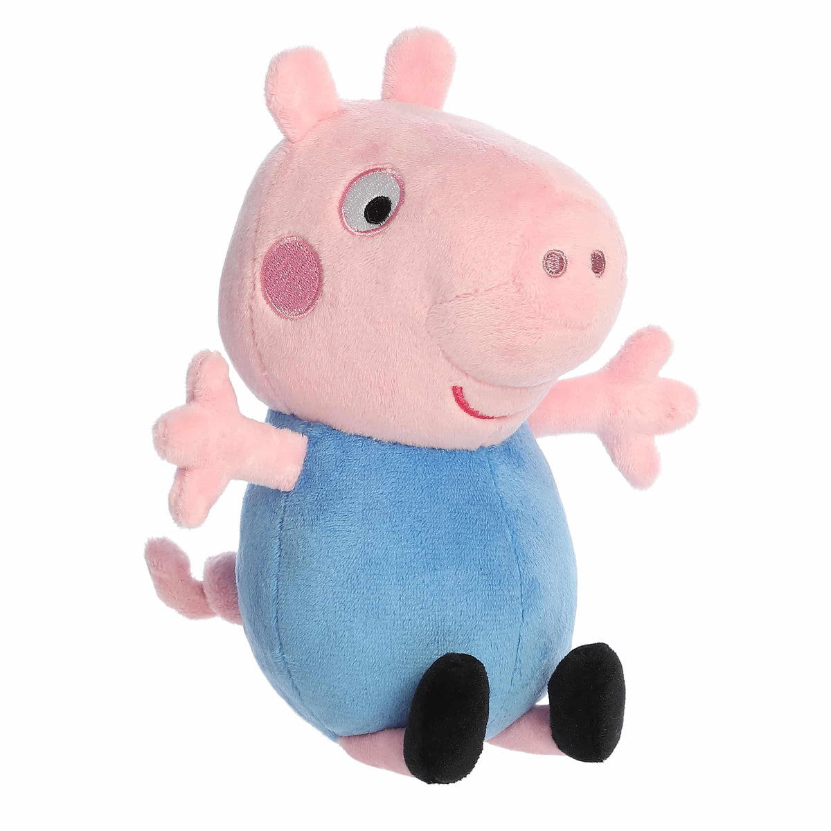 Aurora George Pig plush with blue shirt, perfect for cuddles and storytelling.