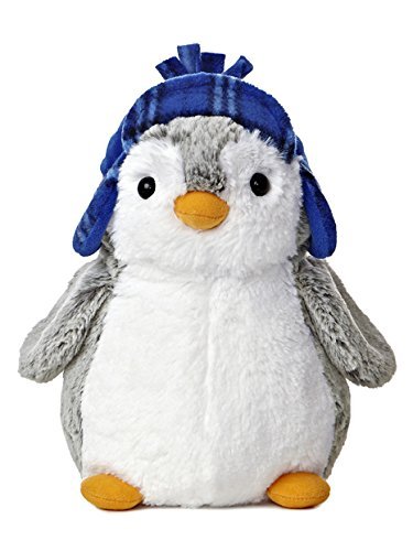 Aurora Pompom 9-inch penguin plush with blue hat, ultra-soft for cozy cuddles.