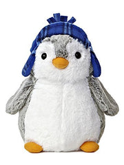 Aurora Pompom 9-inch penguin plush with blue hat, ultra-soft for cozy cuddles.