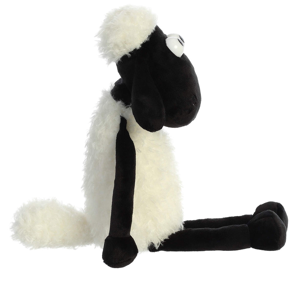 Aurora Shaun plush design emphasizes long black arms and legs for poseable play.