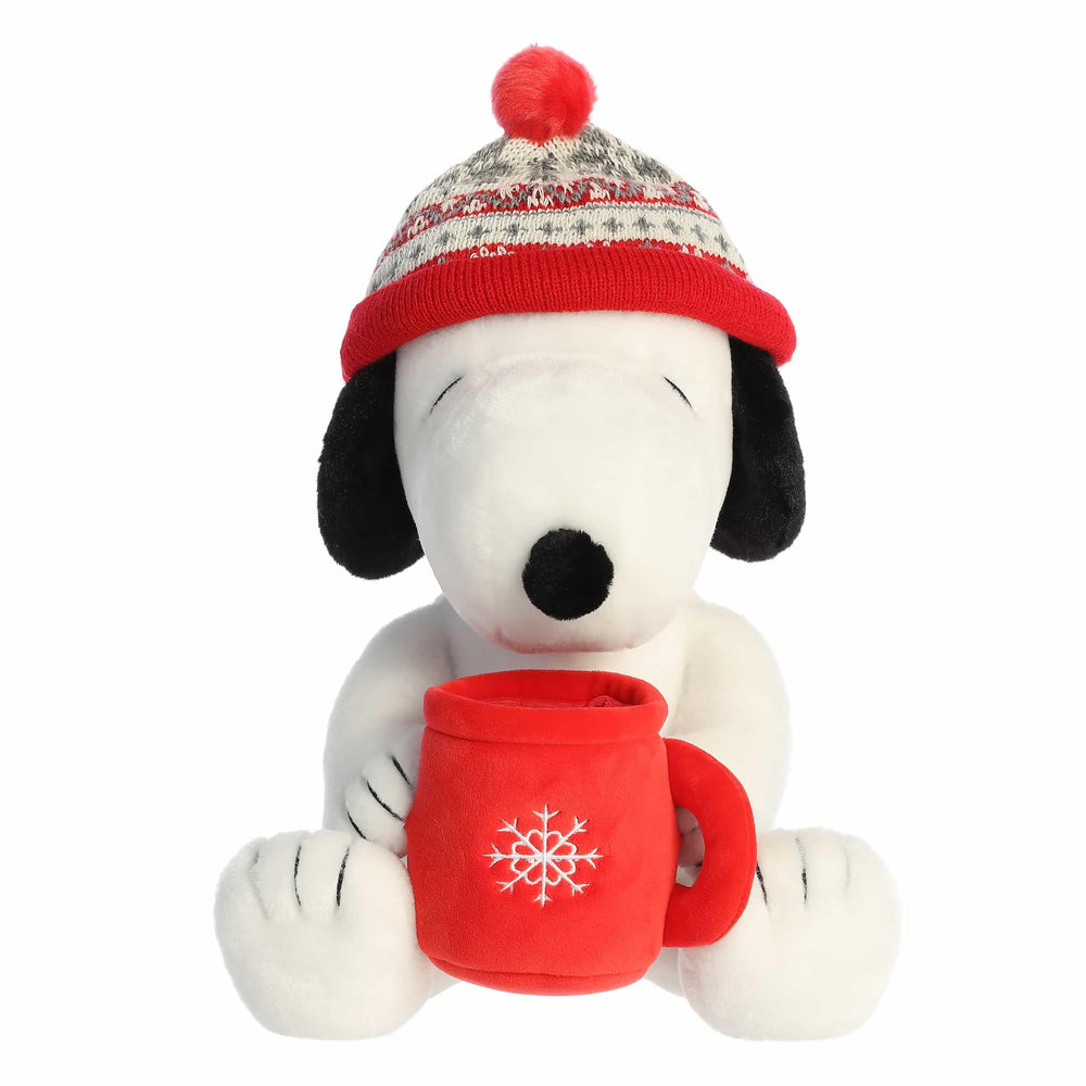 Aurora Snoopy with mug stuffed animal, side view showing winter hat detail and plush texture.