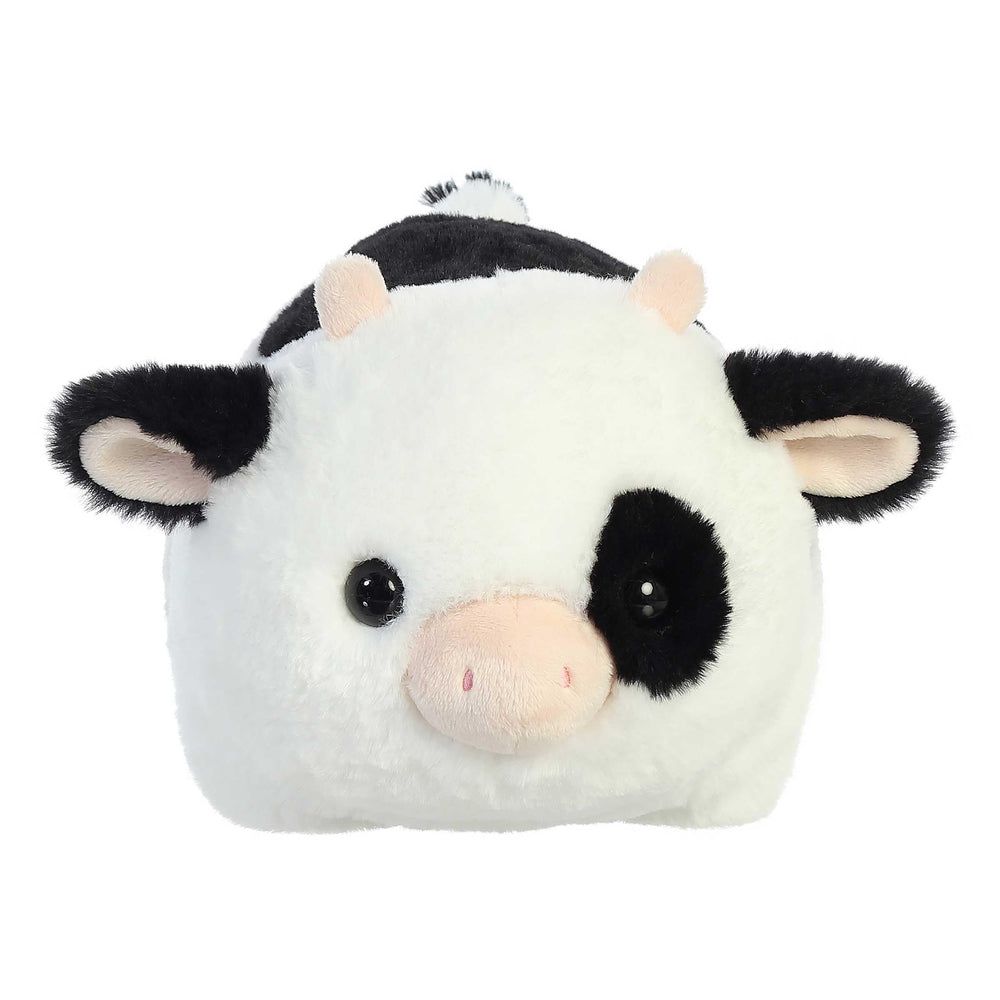 Aurora Spudsters Tutie Cow plush front view highlighting round, cuddly design for kids
