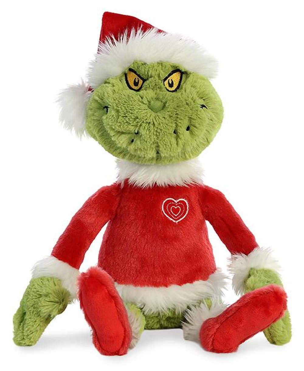 Aurora Whimsical Dr Seuss Grinch Santa plush, side view, ideal for cuddles and festive decor.