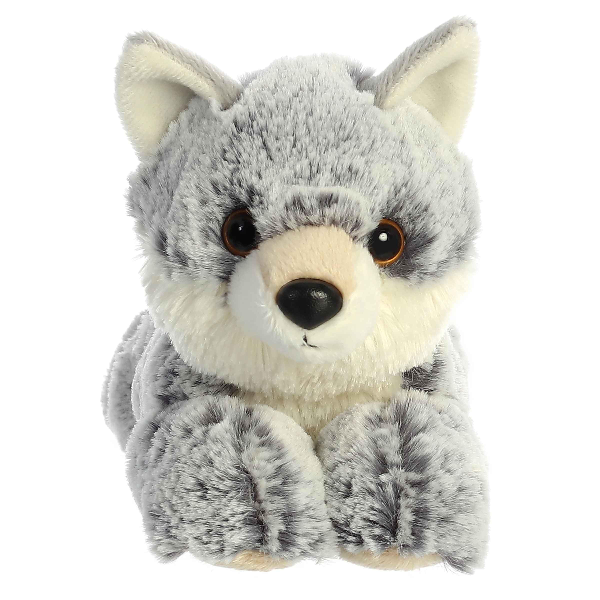 Aurora Winter Wolf with amber eyes, ideal for storytelling adventures.
