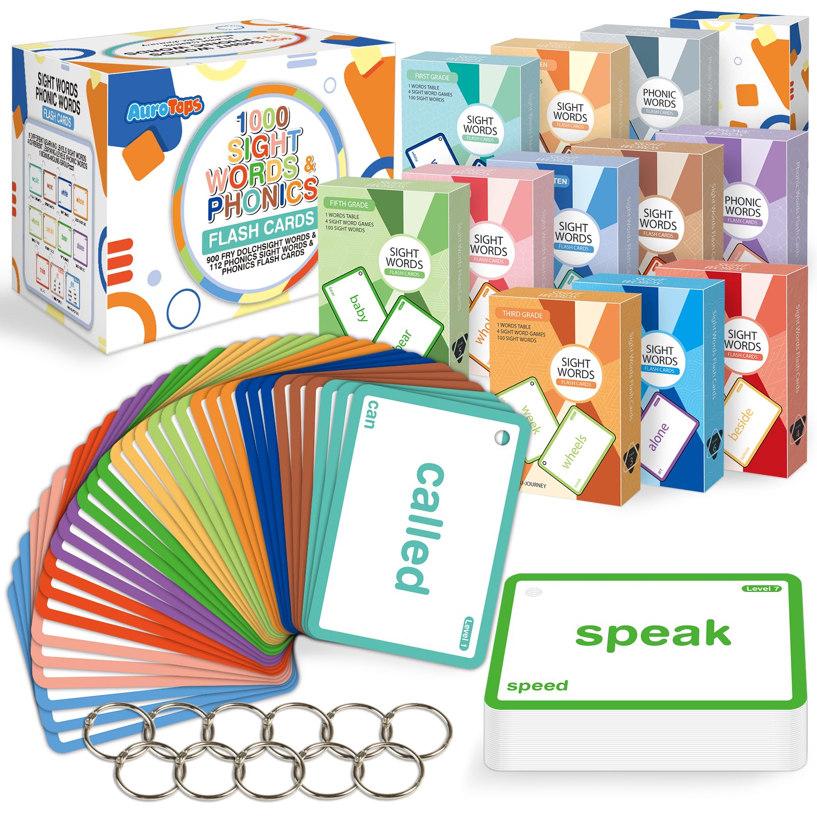 AuroTops 1012 sight words flash cards cover with bold prints for easy reading practice.