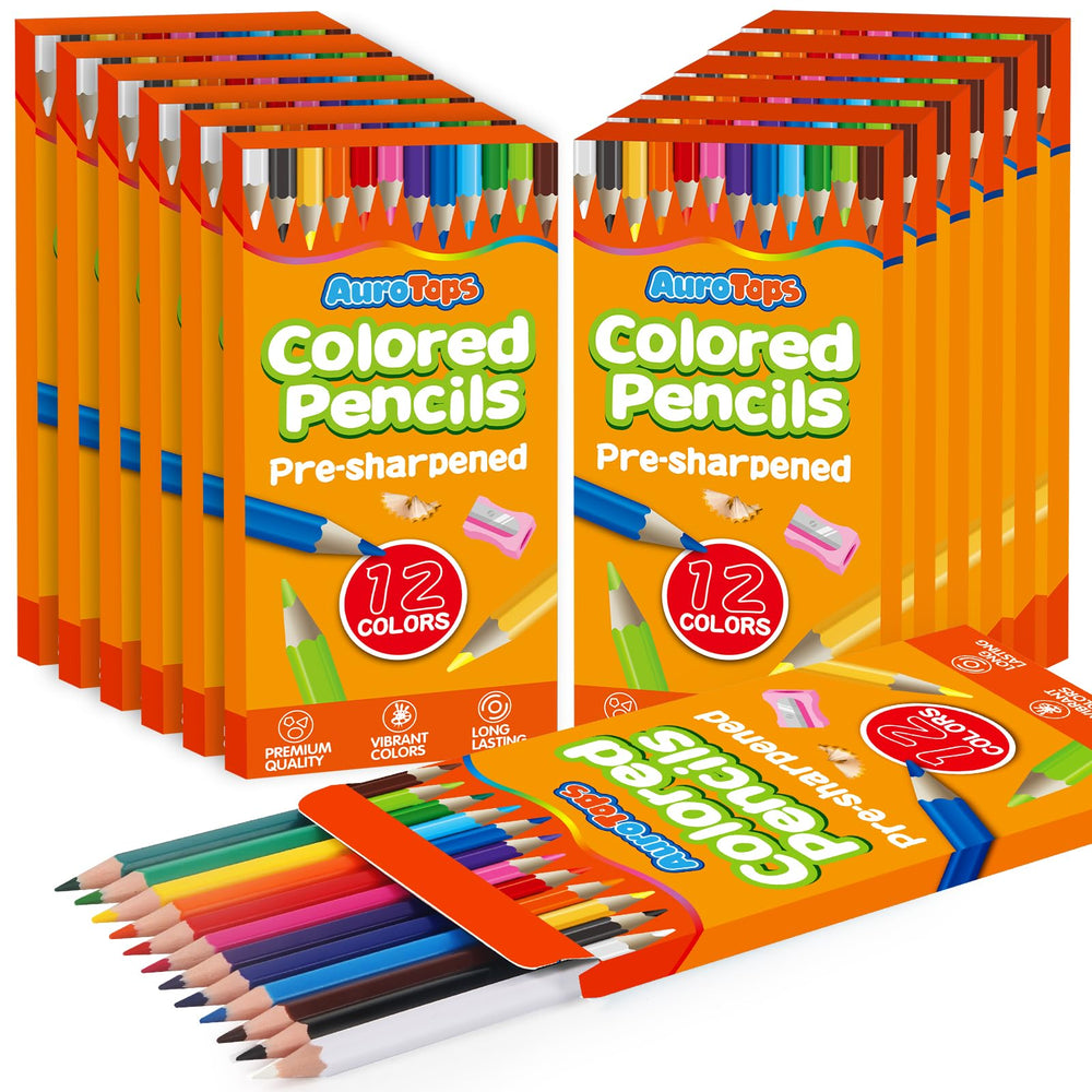 AuroTops 12-pack colored pencils in a vibrant color collection for classroom projects.