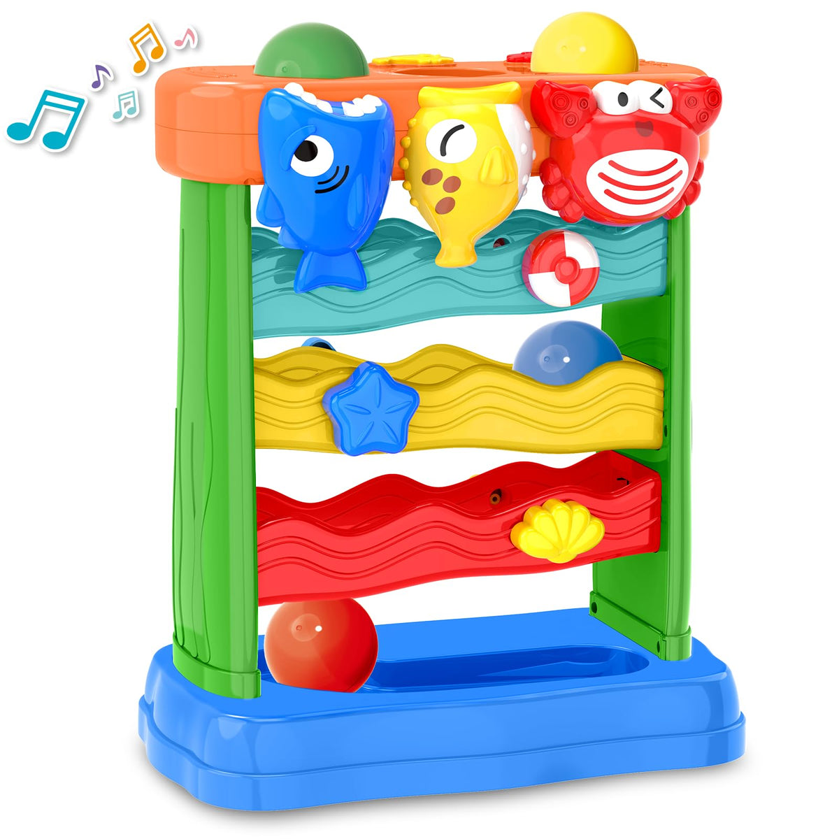 AuroTops blue shark ball-drop toy lights up playtime, boosting early learning.