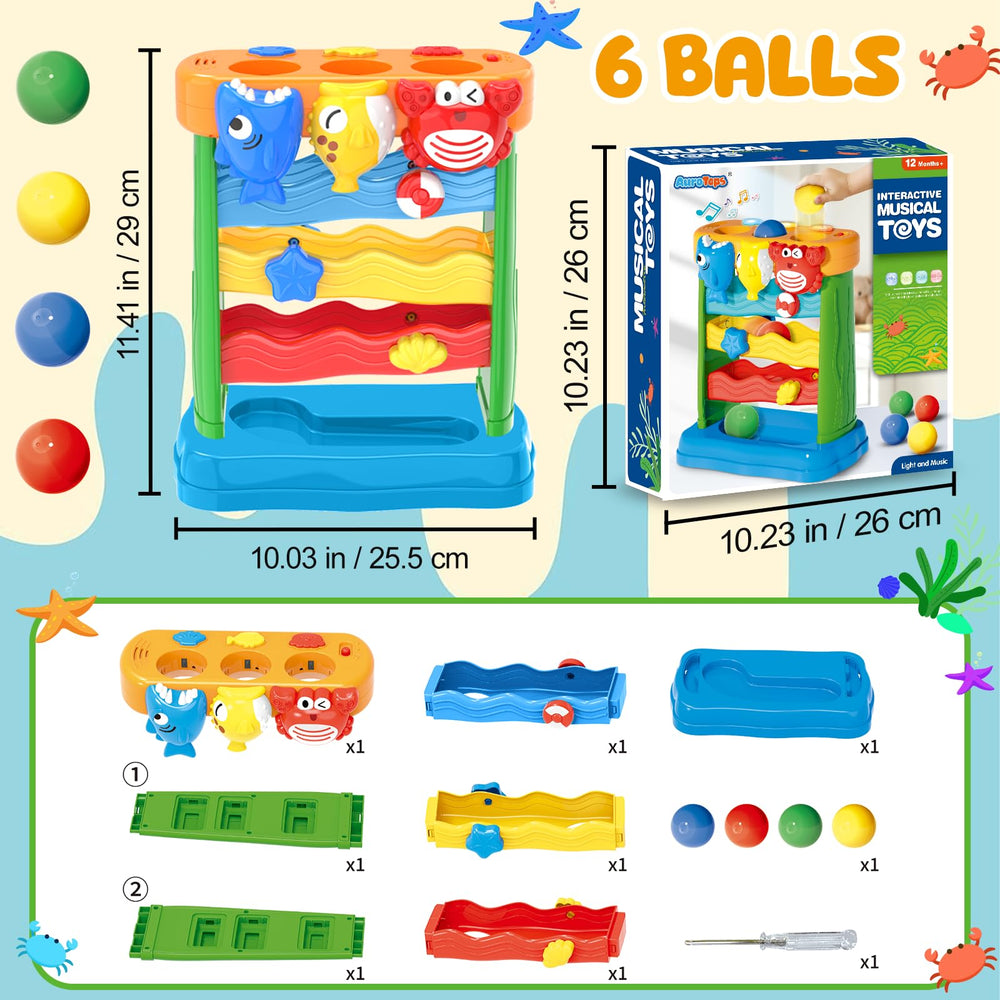 AuroTops yellow dolphin ball-drop toy promotes hand-eye coordination.