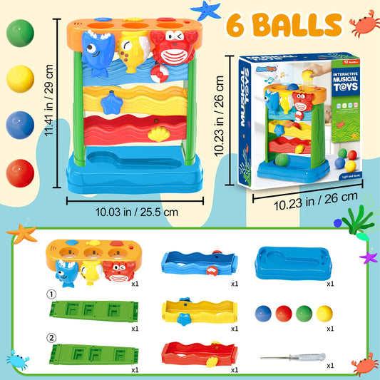 AuroTops yellow dolphin ball-drop toy promotes hand-eye coordination.