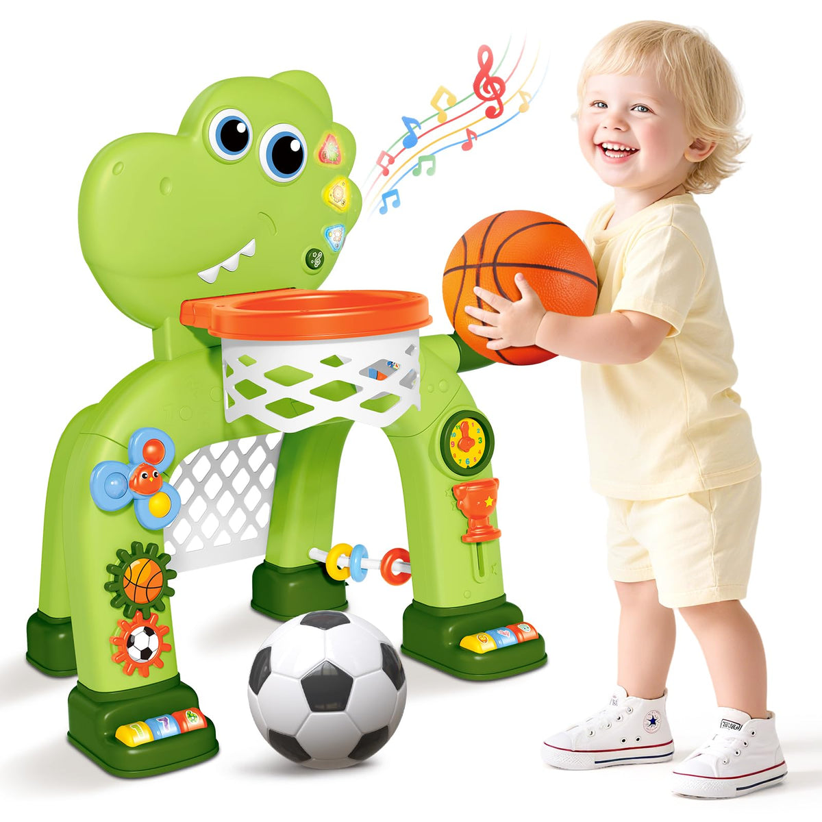 AuroTops dinosaur basketball hoop toy for toddlers promotes active play and motor skills.