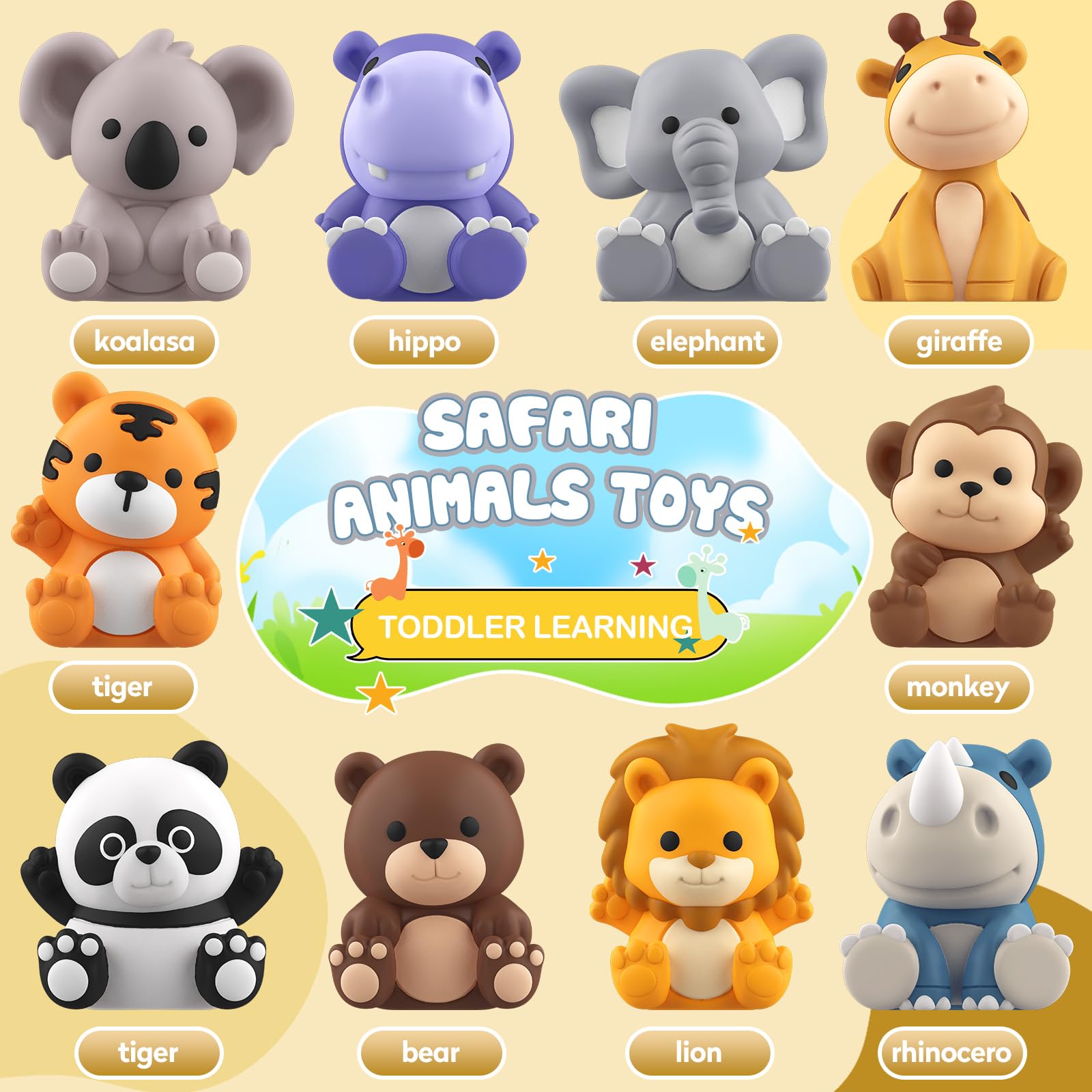 AuroTops finger puppets display with bright safari animals
