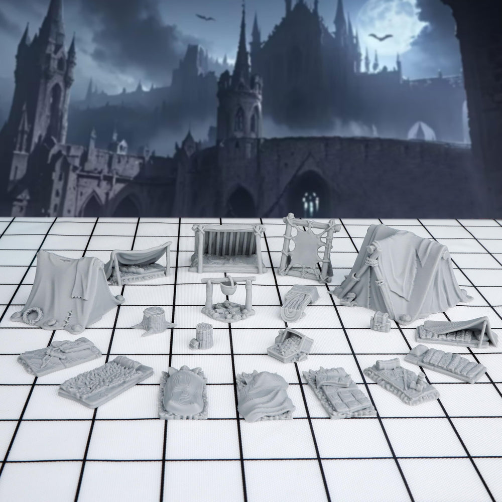 Auspdice 21pcs DND camp terrain miniatures for immersive RPG scenarios.
