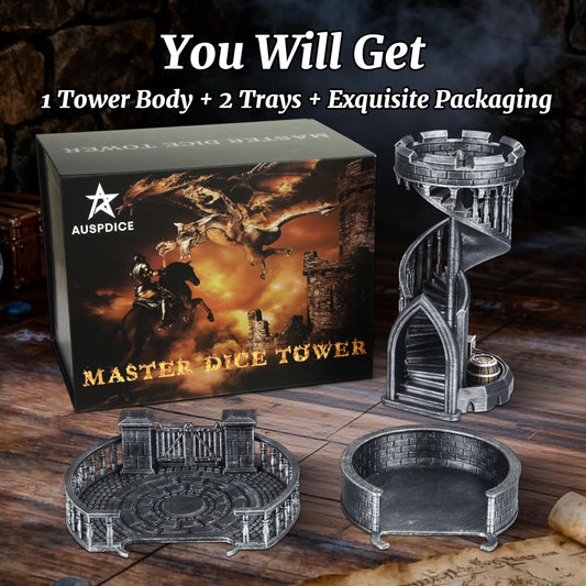 AUSPDICE DND dice tower side view shows compact retro stack for easy transport