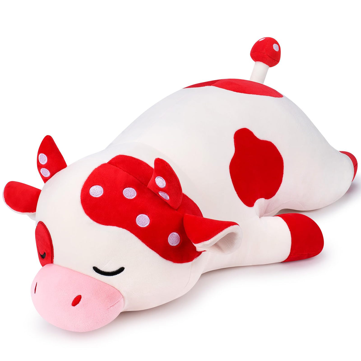 Auspicious Beginning 30-inch Mushroom Cow plush front view, ideal for cuddling