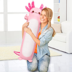 Auspicious Beginning axolotl pillow close-up shows soft plush material.