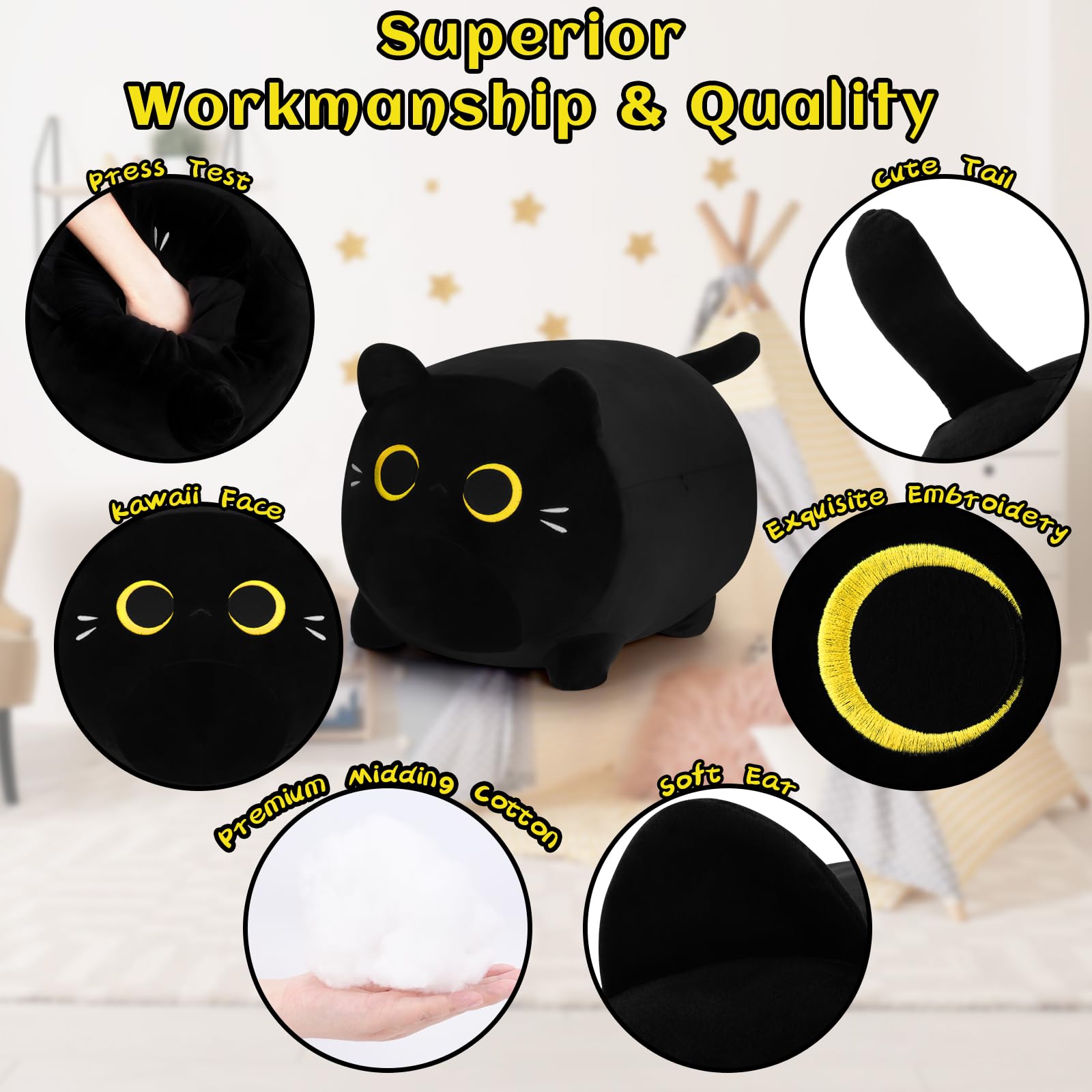Auspicious Beginning Black Cat Plush side view highlights plush softness.