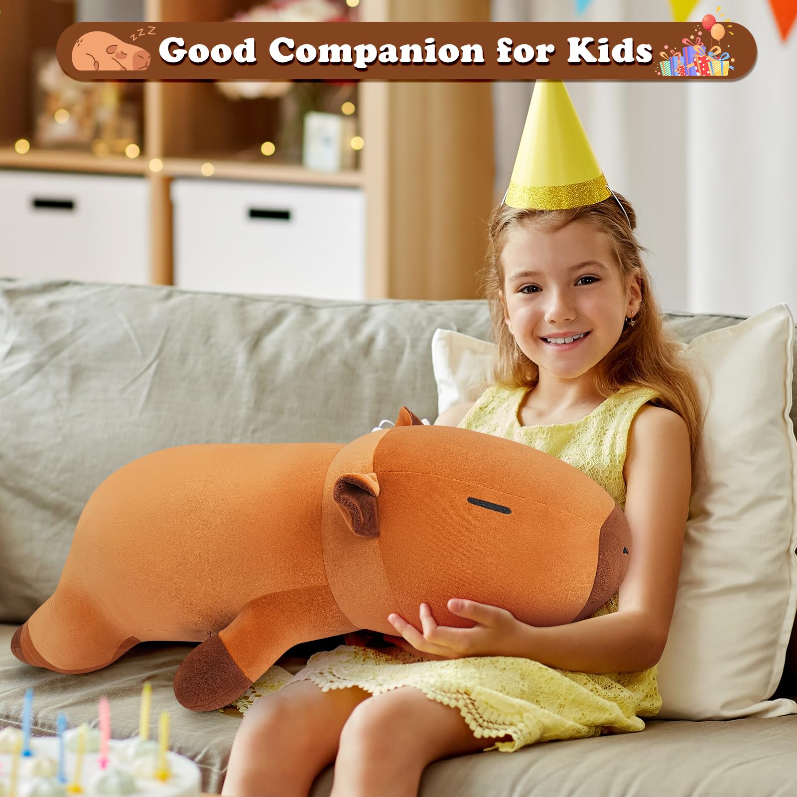 Auspicious Beginning Capybara plush as a body pillow, versatile lounging