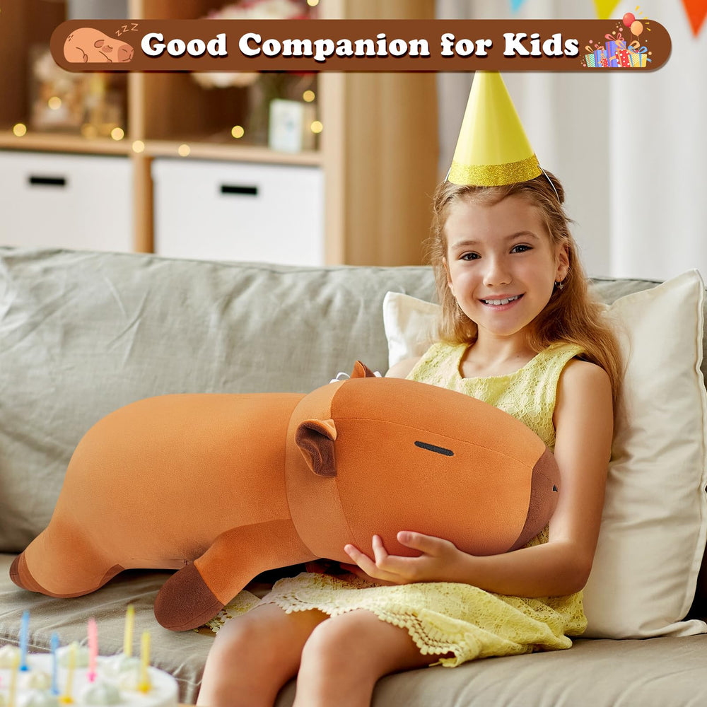Auspicious Beginning Capybara plush as a body pillow, versatile lounging