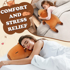 Auspicious Beginning Capybara plush in bed serves as a comfy body pillow