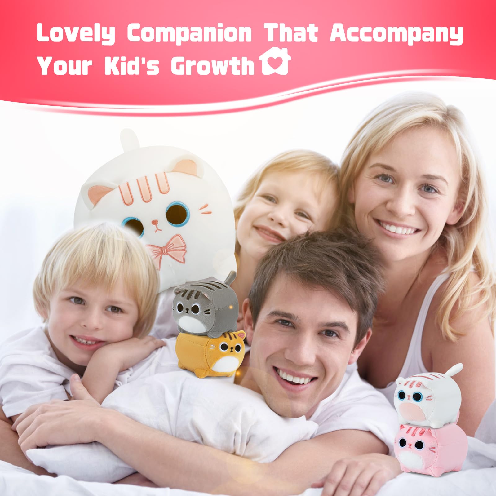 Auspicious Beginning cat-family design plush set, five-piece cuddle collection for bedrooms.