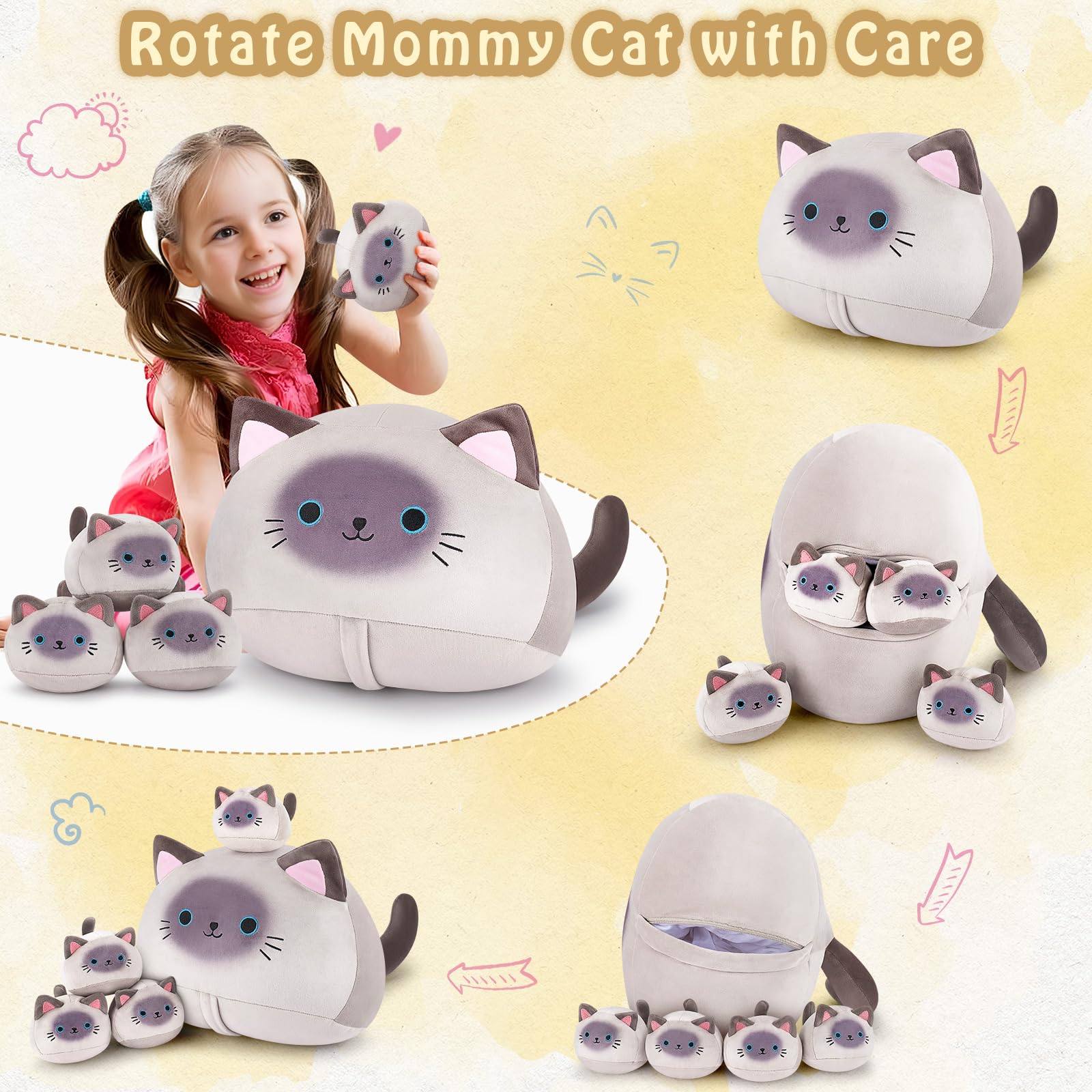 Auspicious Beginning cat family plush all-in-one for cuddling and decor
